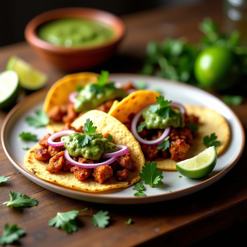 Plato de tacos de jackfruit desmenuzado con salsa verde y queso vegano sin gluten, servidos en tortillas de maíz con lechuga, aguacate y limón, sobre un mantel de tela rústico.