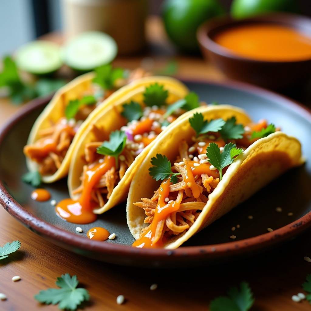 Plato de tacos de jackfruit desmenuzado dorado en tortillas de maíz, bañados con aderezo cremoso de tamarindo y mango, decorados con cebolla morada, cilantro fresco y semillas de sésamo. Receta vegana picante-dulce en 15 minutos.