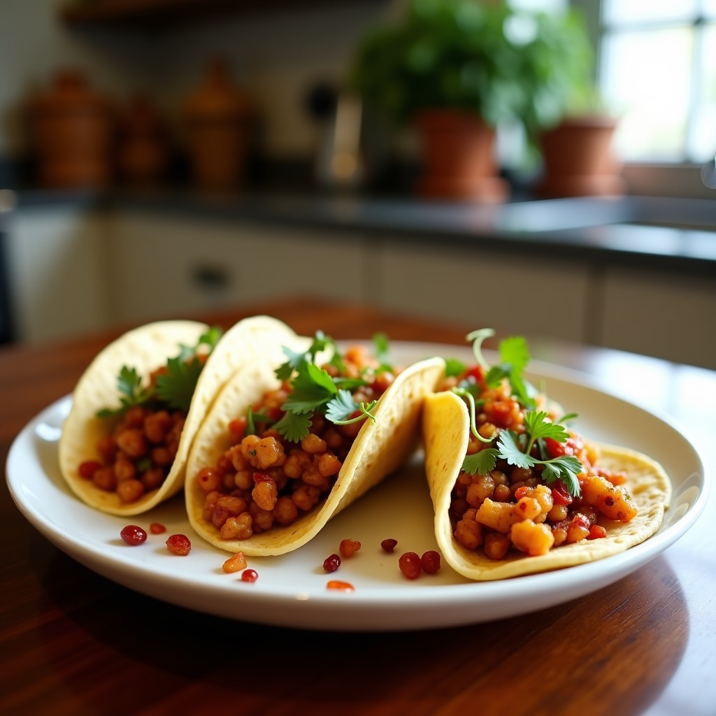 Tacos veganos de jackfruit desmenuzado dorado en airfryer, acompañados de salsa de tamarindo y chile, cebolla morada, cilantro y lime, servidos en tortillas de maíz azules sobre una tabla de madera rústica.