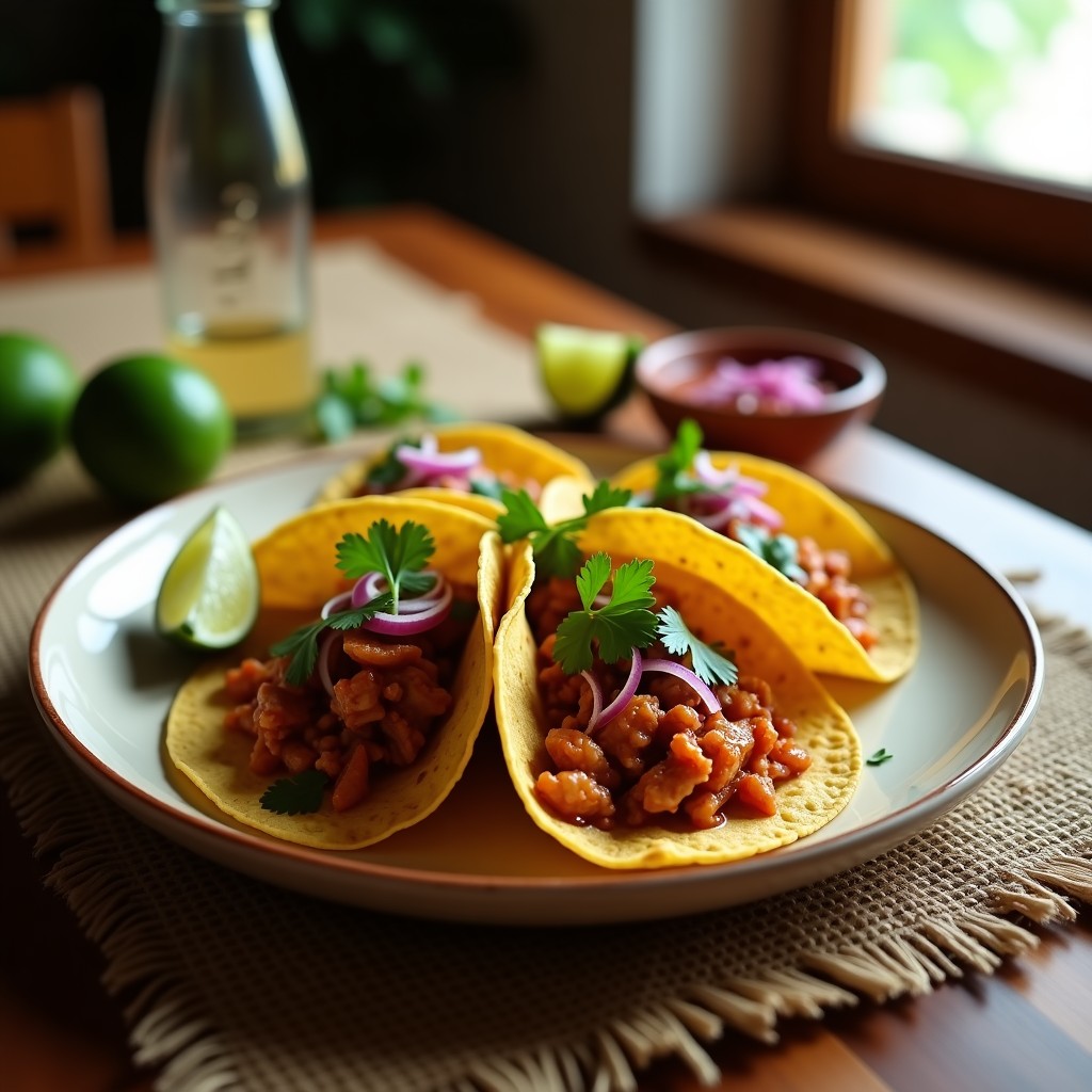 Plato de tacos de jaiba con chile pasilla, servidos en tortillas de maíz doradas, decorados con cebolla morada picada, cilantro fresco y gajos de limón verde, sobre un mantel rústico de fibra natural.