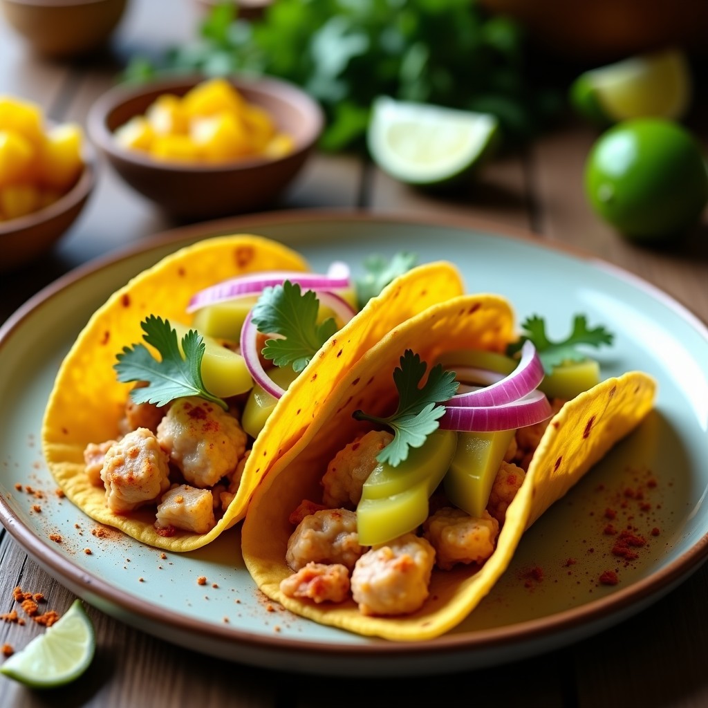 Plato con tacos de maíz rellenos de jaiba salteada, acompañados de encurtidos de mango verde, cebolla morada y cilantro fresco, receta costera rápida.