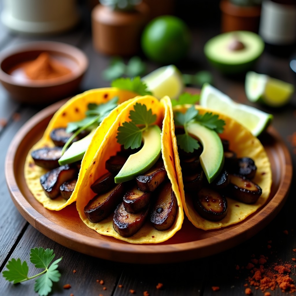 Plato de tacos veganos rellenos de hongos portobello marinados en jamaica y café, con aguacate y cilantro, sobre tortillas de maíz doradas. Receta express con toque ahumado.