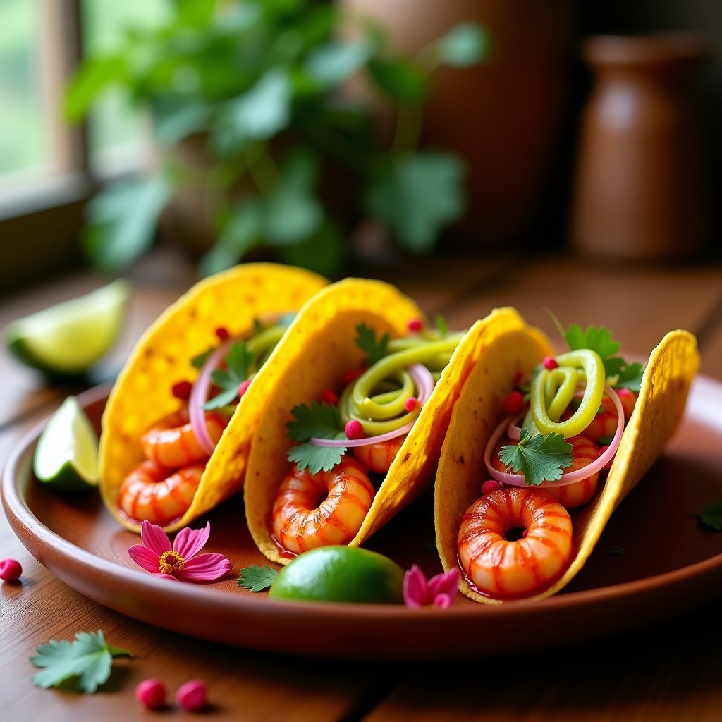 Tacos de maíz abiertos sobre un plato de barro, rellenos de camarones rosados bañados en salsa de jamaica, encurtido de mango verde y cebolla morada, decorados con cilantro fresco y rodajas de limón verde.