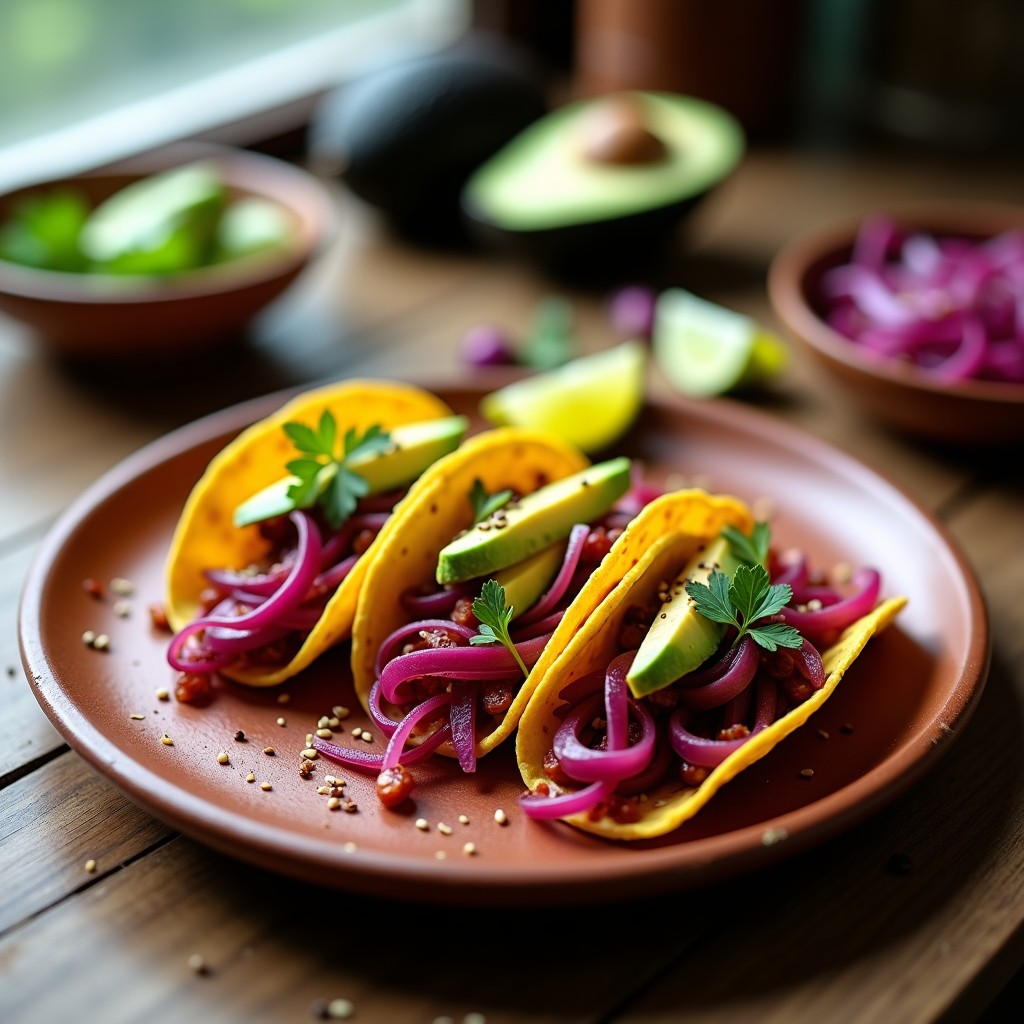 Plato con tacos de jamaica y cebolla morada veganos, tortillas de maíz rellenas de flor de jamaica salteada, cebolla morada macerada, aguacate y semillas de sésamo, servidos en un plato de barro con fondo rústico.