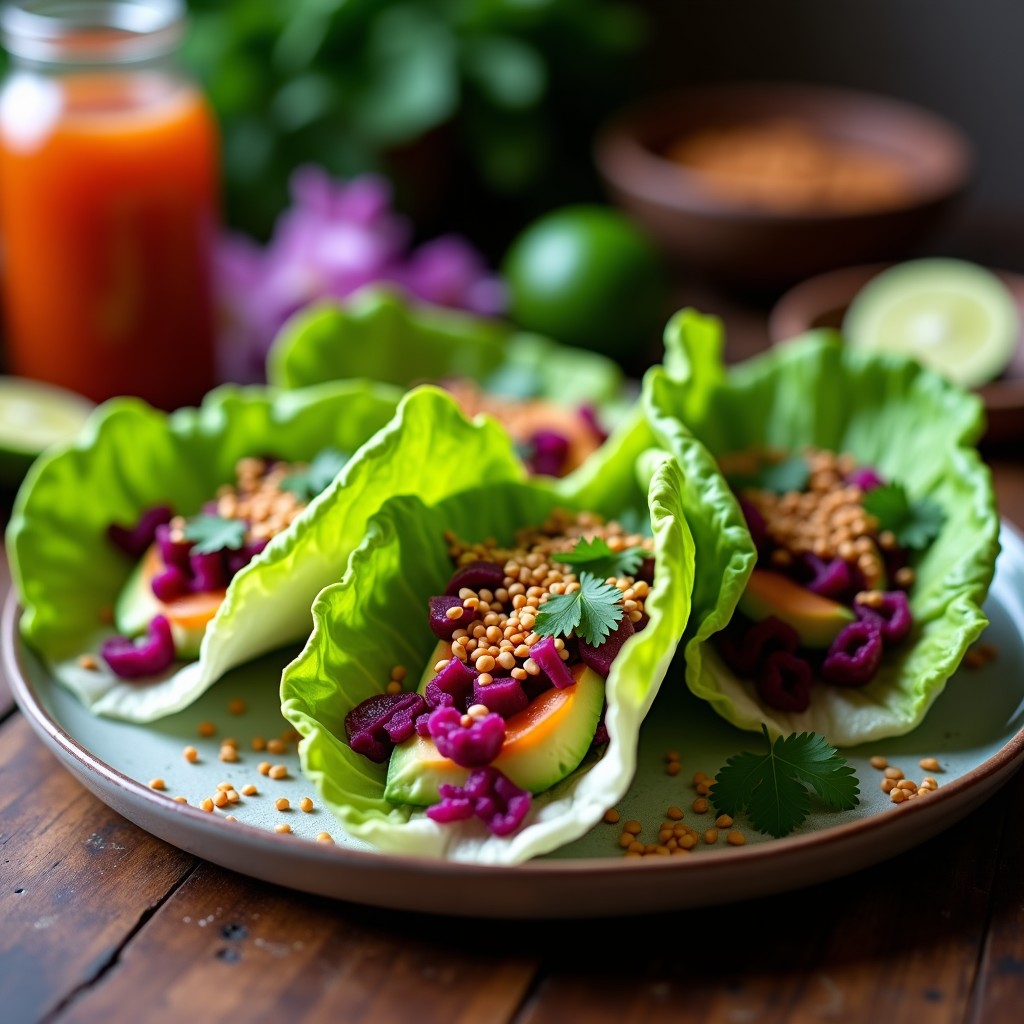Plato colorido con tacos de jamaica crudiveganos: hojas de lechuga romana rellenas de flores de jamaica moradas, aguacate, cebolla morada y cilantro, bañados en aderezo picante de chile de árbol, decorados con semillas de sésamo.