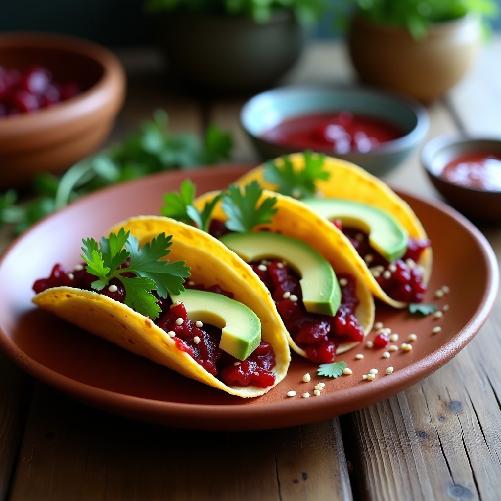 Plato de tacos de jamaica encurtida en escabeche con tortillas de maíz, aguacate, cilantro y semillas de sésamo, servidos en un plato de barro rústico.