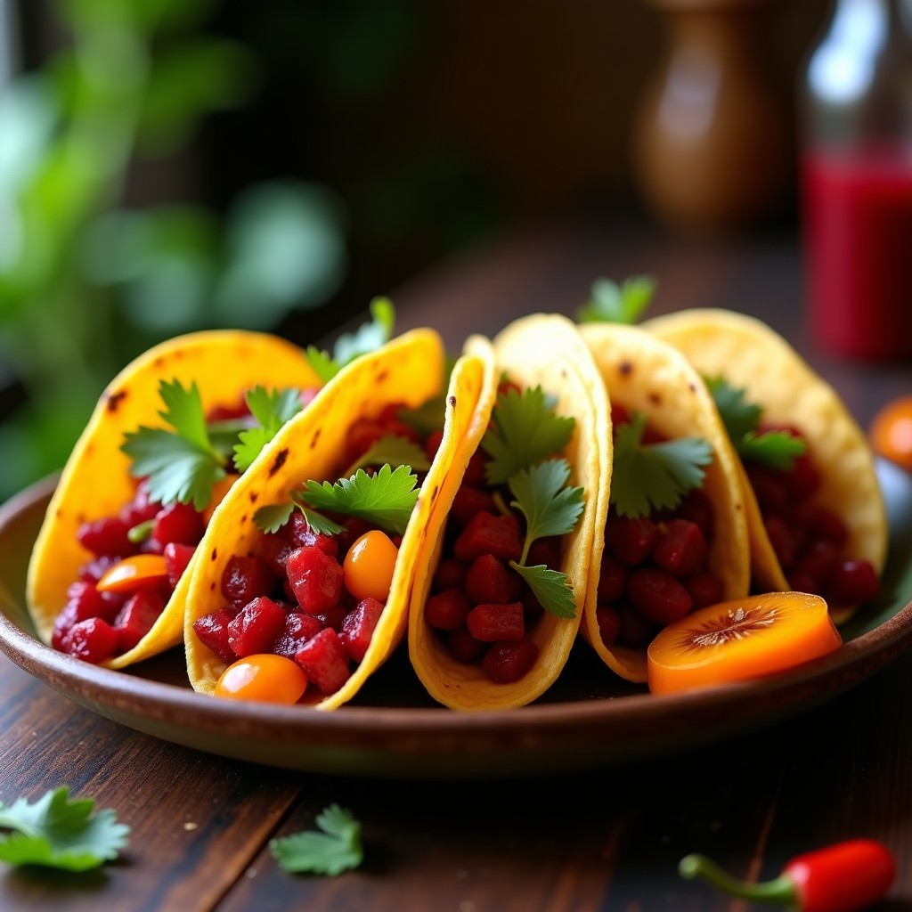 Tacos de maíz rellenos de flores de jamaica salteadas y encurtidos de mango habanero, decorados con cilantro fresco sobre un plato de barro rústico.