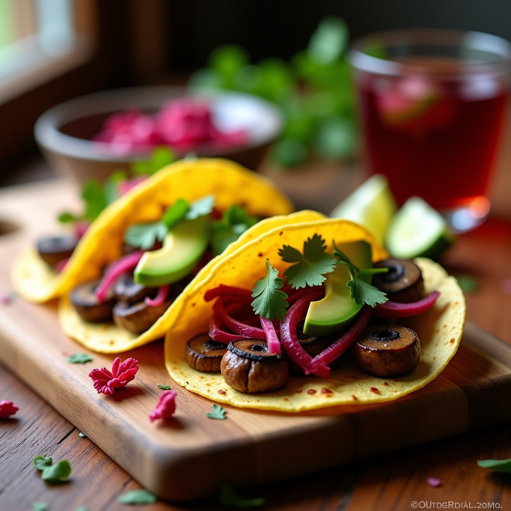 Plato con tacos de jamaica en tortillas de maíz azules, rellenos de champiñones portobello ahumados, cebolla morada, aguacate y cilantro, con un fondo rústico de madera y agua de jamaica al lado.