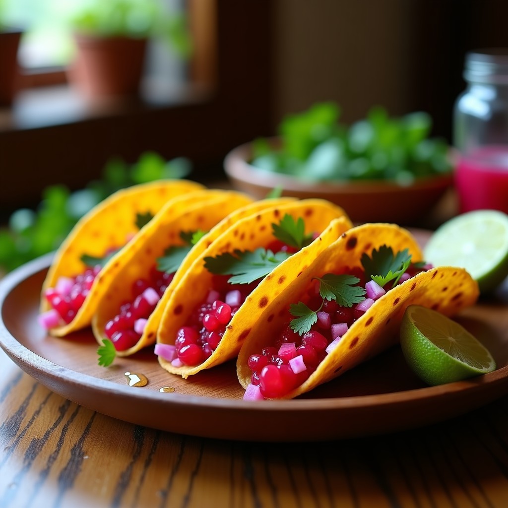 Plato de tacos dorados y crujientes rellenos de mezcla rosa de flor de hibisco, servidos con rodajas de limón y cilantro fresco, receta de tacos de jamaica.