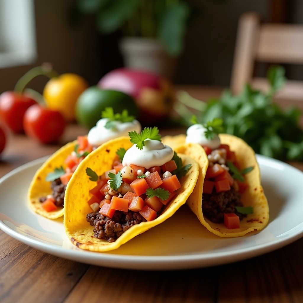 Plato colorido con tacos de maíz rellenos de flor de hibisco frita crujiente, decorados con salsa de yogur y miel, cebolla morada y cilantro fresco. Receta de tacos de jamaica.