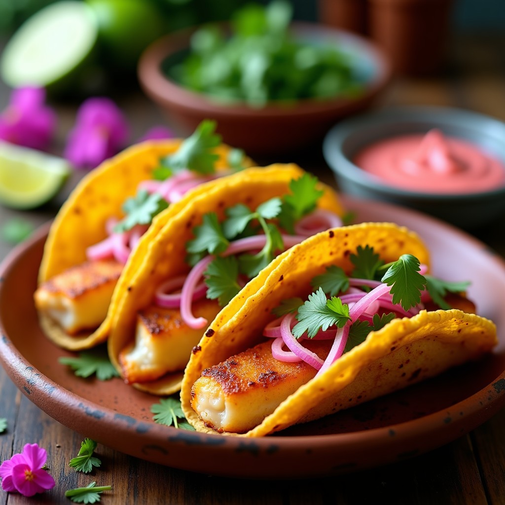 Tacos de maíz rellenos de pescado crujiente dorado, cebolla morada, pimiento verde y cilantro fresco, acompañados de un aderezo rosado de jamaica y yogur. Plato colorido con toques caribeños, servido en un plato de barro rústico.