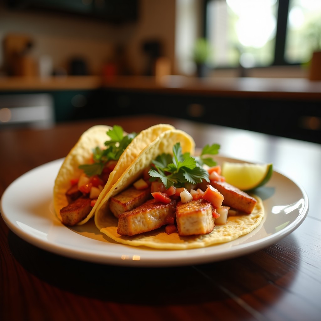 Plato de tacos de maíz rellenos de pescado blanco encurtido en vinagre de jamaica, acompañados de aguacate, cebolla morada y cilantro fresco, con fondo de hoja de plátano.