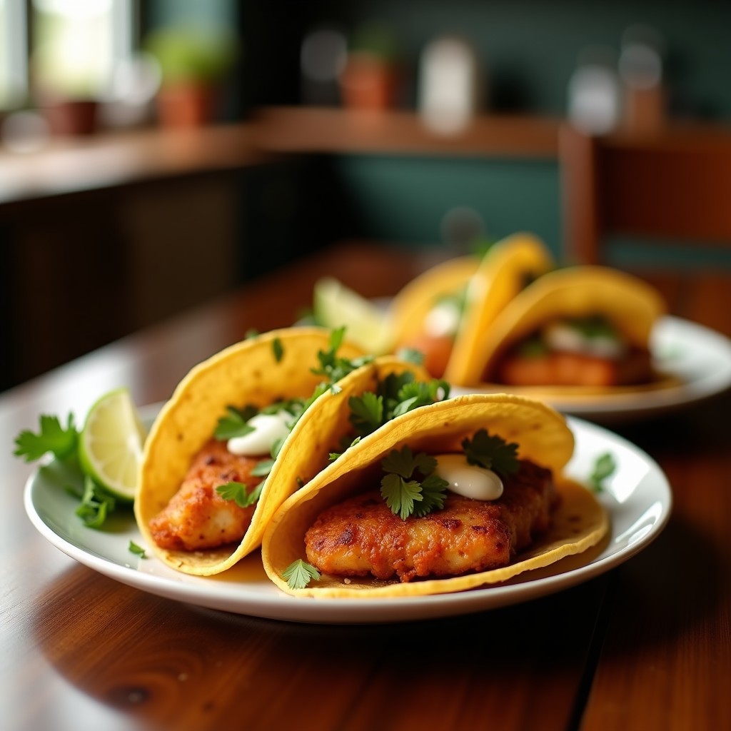 Plato rústico de tacos de pescado frito al estilo jamaicano, con filetes dorados y crujientes, repollo morado, zanahoria rallada y salsa de yogur, servidos en tortillas de maíz sobre una mesa de madera.