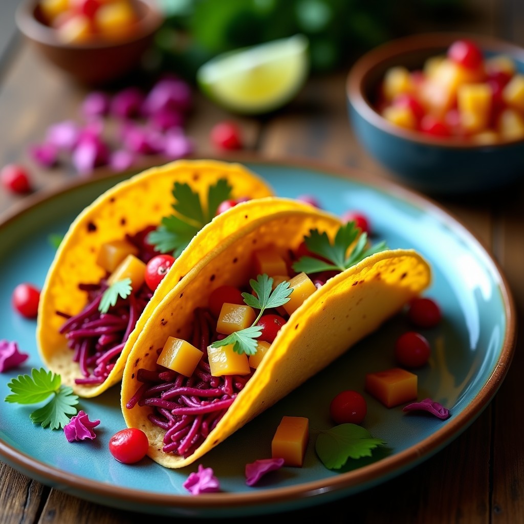 Plato con tacos de jamaica en tortillas de maíz azules, rellenos de flores de jamaica sazonadas y piña encurtida con cebolla morada, decorados con cilantro fresco.