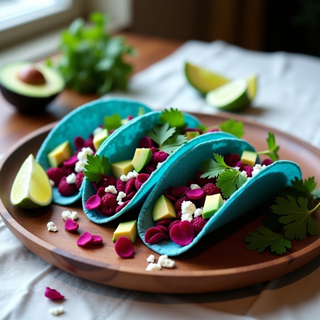 Plato de tacos de jamaica con queso azul vegano, tortillas de maíz azules rellenas de flor de jamaica salteada, queso azul desmenuzado, aguacate en cubos y cilantro fresco, servidos sobre un mantel rústico de lino.