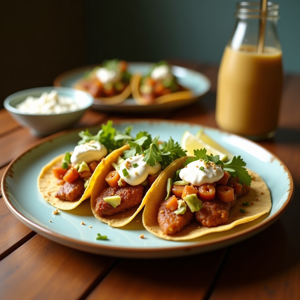 Tacos de maíz rellenos de flor de jamaica salteada con cebolla morada y pimiento rojo, coronados con queso fresco vegano de anacardos y cilantro, sobre un plato de barro rústico.