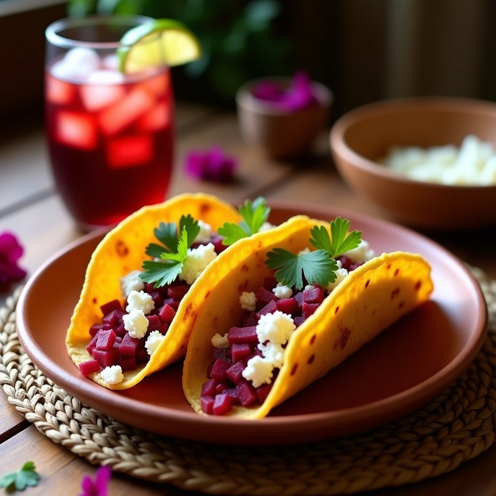 Tacos dorados y crujientes rellenos de jamaica y queso panela, servidos en un plato de barro con aguas frescas de jamaica al fondo, receta mexicana en airfryer.
