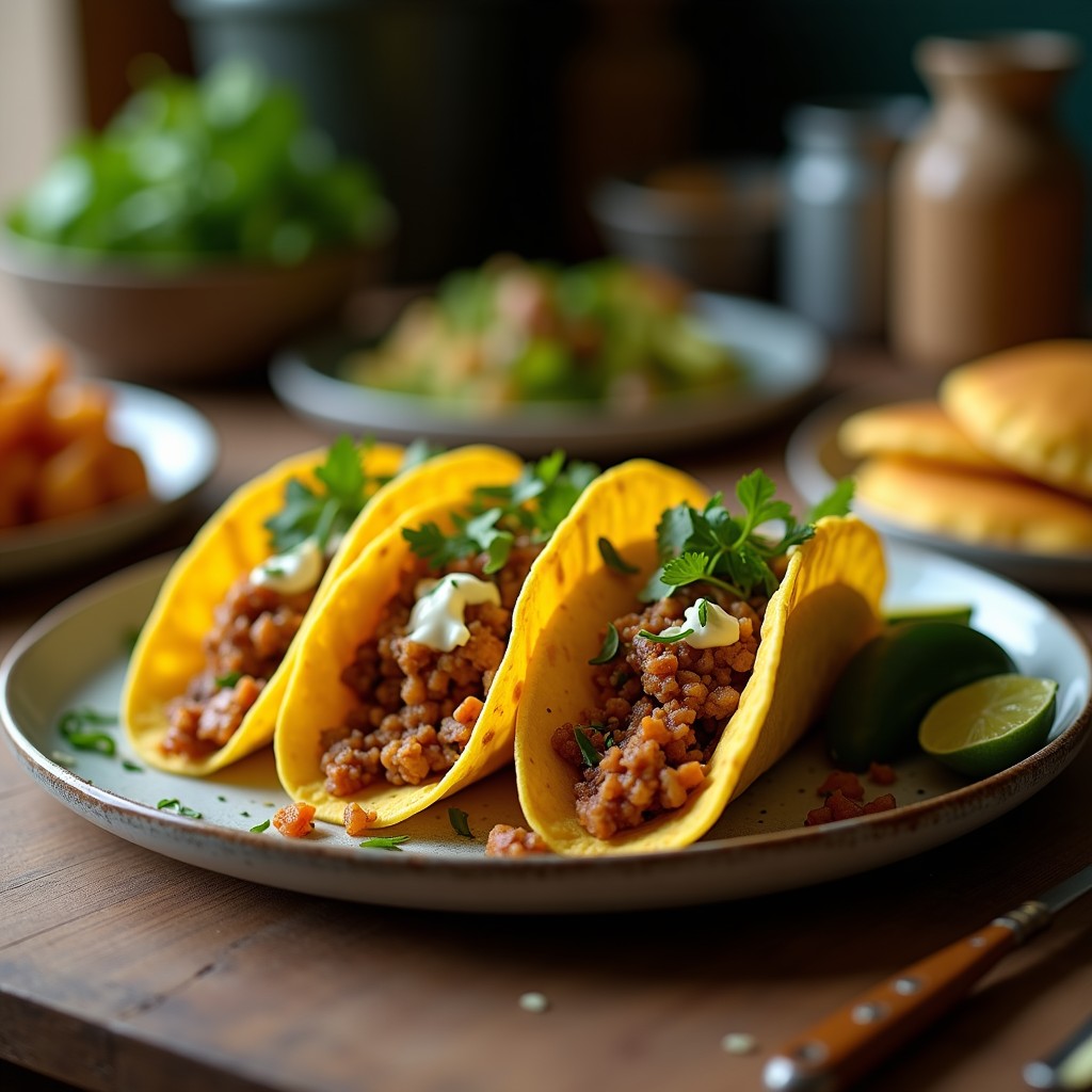 Plato de tacos veganos de jamaica con tortillas de maíz, rellenos de flor de jamaica salteada, aguacate en cubos y cilantro fresco, bañados en aderezo cremoso de anacardos.