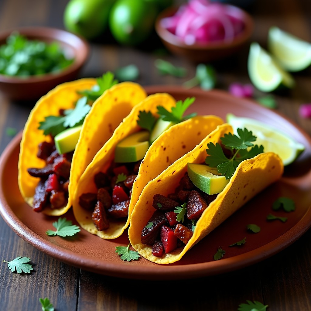 Tacos de maíz dorados rellenos de una mezcla ahumada de flor de jamaica y champiñones portobello, decorados con aguacate en cubos y cilantro fresco, servidos en un plato de barro rústico.
