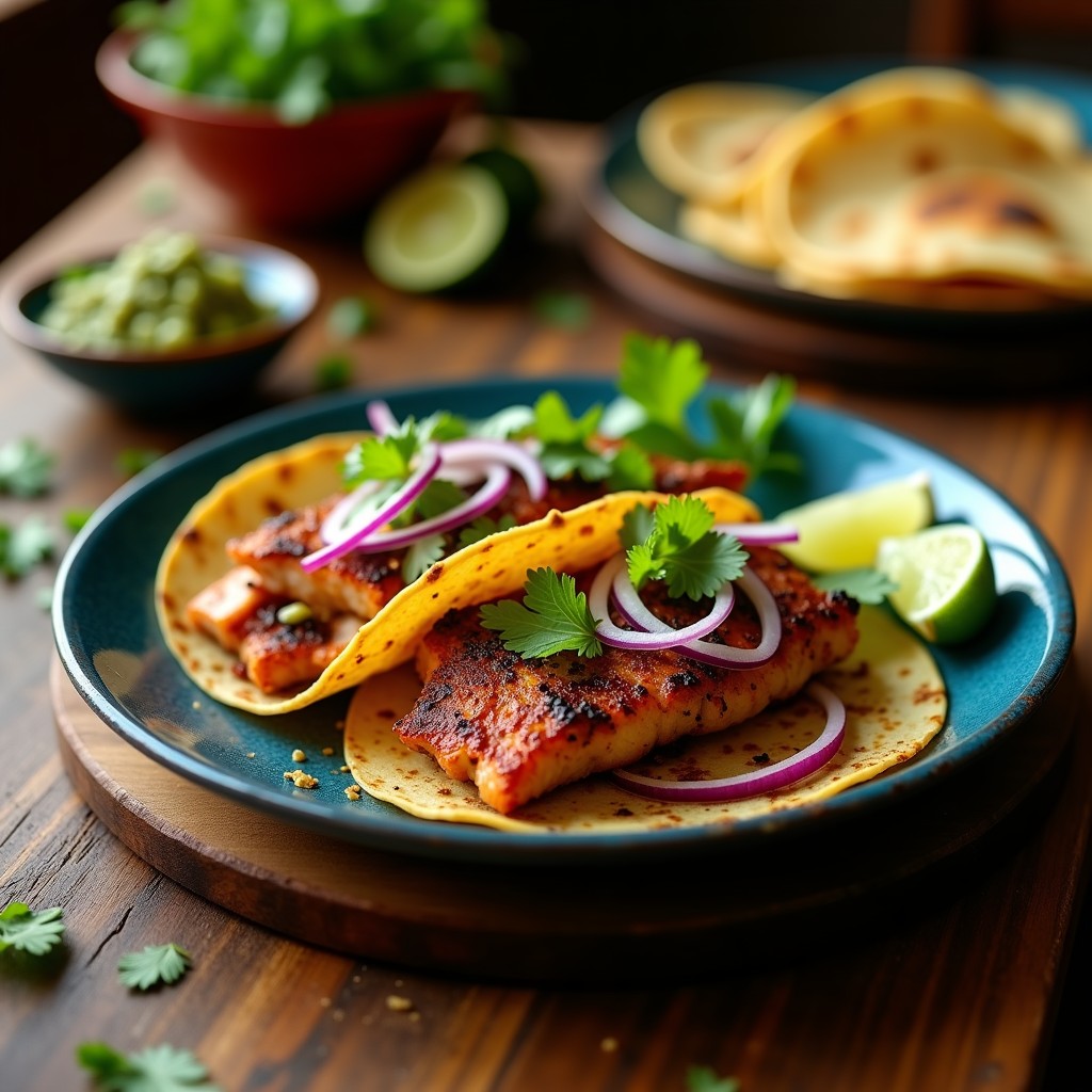 Plato de tacos jarochos de pescado zarandeado con tortillas de maíz azules, rellenos de trozos de pescado dorado, cebolla morada, cilantro y salsa verde, servidos en un plato rústico de barro.