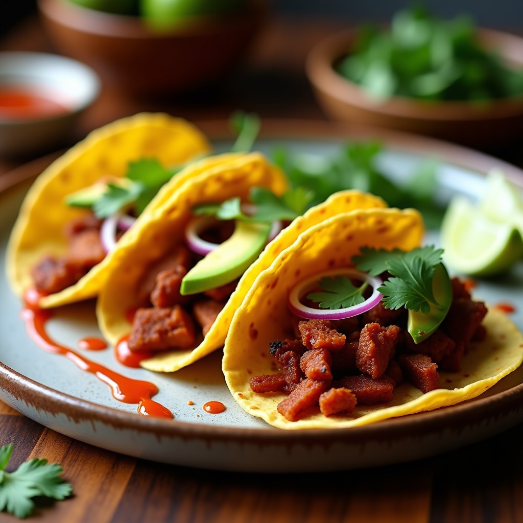 Plato con tacos de jerky vegano crujiente en tortillas de maíz, rellenos de aguacate, cebolla morada y cilantro, con un toque de salsa picante, cocinados en airfryer.