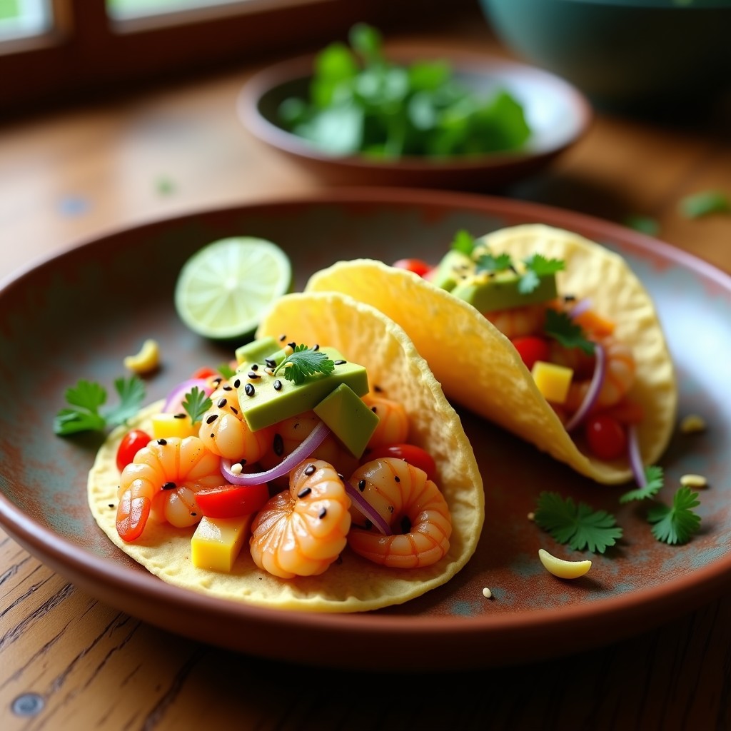 Tacos abiertos de jicama cruda con ceviche de camarón rosado marinado en cítricos, aguacate en cubos y salsa de maracuyá amarilla con trozos de jalapeño, decorados con semillas de sésamo y cilantro sobre hoja de lechuga morada. Plato fresco y colorido de cocina mexicana crudivegana.