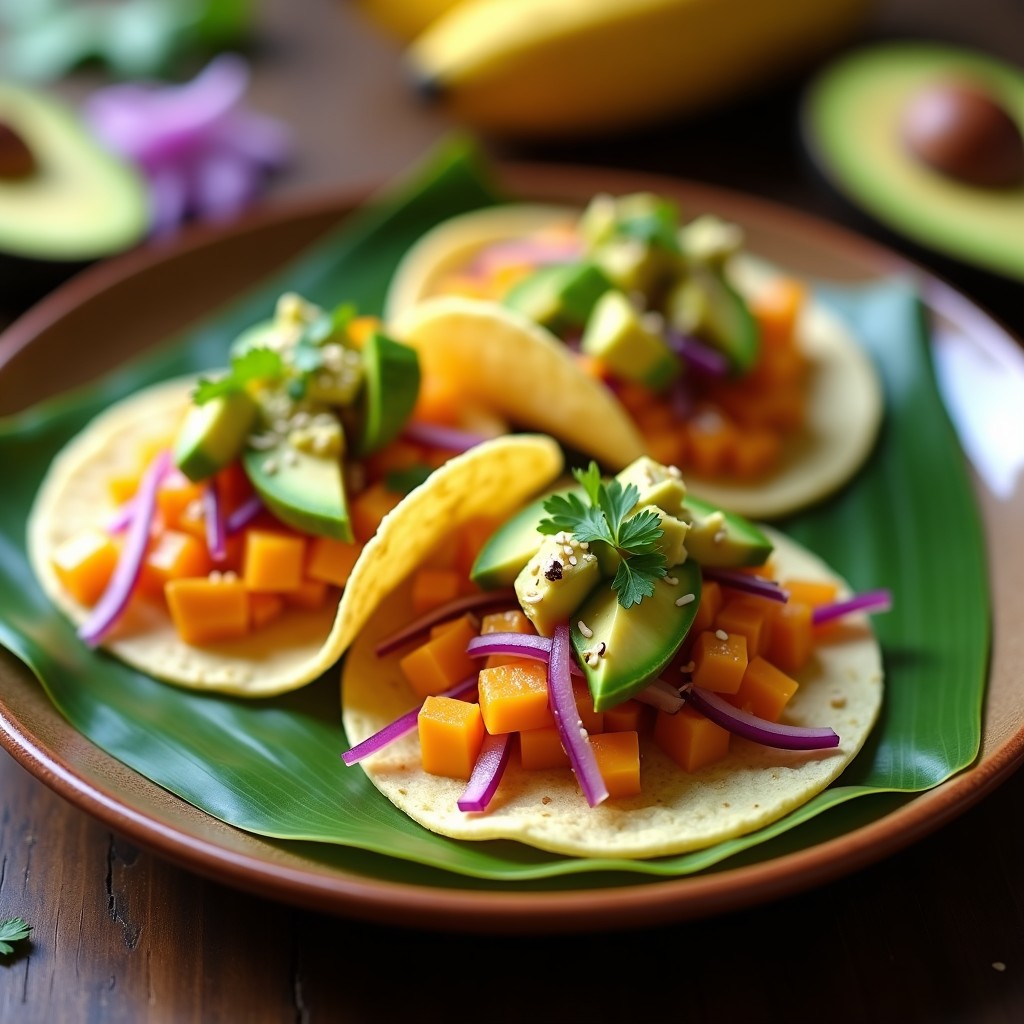 Tacos veganos de jícama con encurtido de mango habanero, aguacate y semillas de sésamo, servidos en plato rústico de barro con fondo de hoja de plátano.
