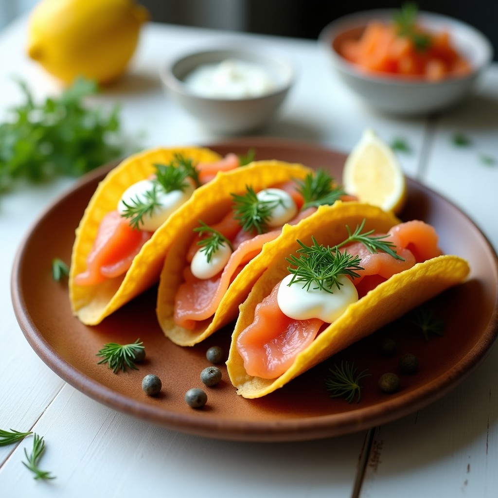 Tacos de jicama dorada y crujiente rellenos de salmón ahumado en láminas, queso crema con eneldo, hojas de lechuga morada y cebollino, servidos en un plato de madera rústico con limón al lado. Receta keto en airfryer con toque nórdico.