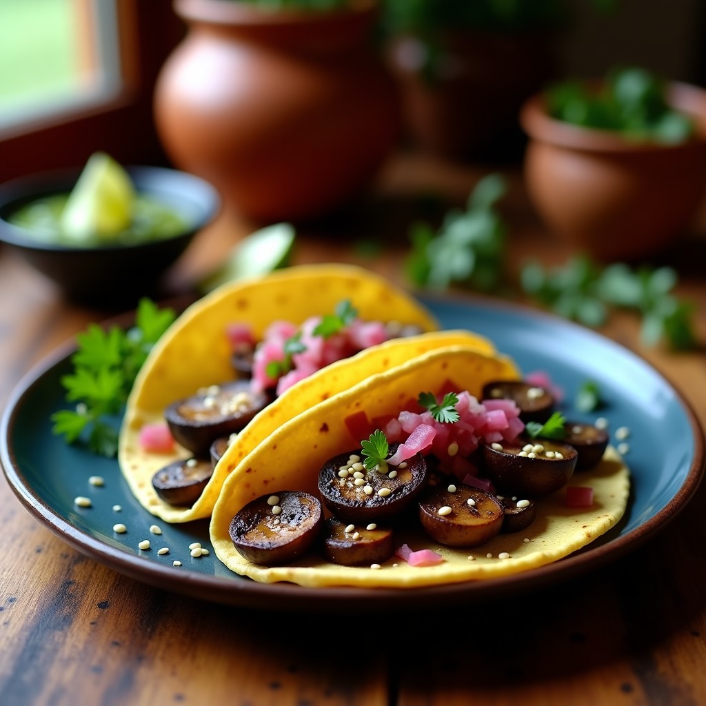 Plato de tacos lacandones con hongos portobello ahumados sobre tortillas de maíz azul, decorados con ajonjolí y cebolla morada, receta tradicional chiapaneca.