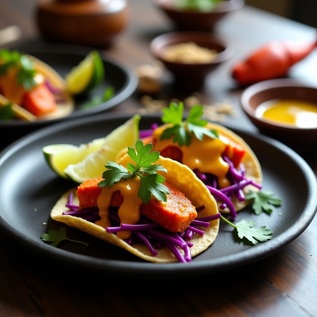 Tacos de langosta ahumada con salsa de maracuyá en tortillas de maíz azul, decorados con cebolla morada, cilantro fresco y semillas de sésamo, sobre un plato de barro negro con fondo de cáscaras de langosta y rodajas de limón verde.