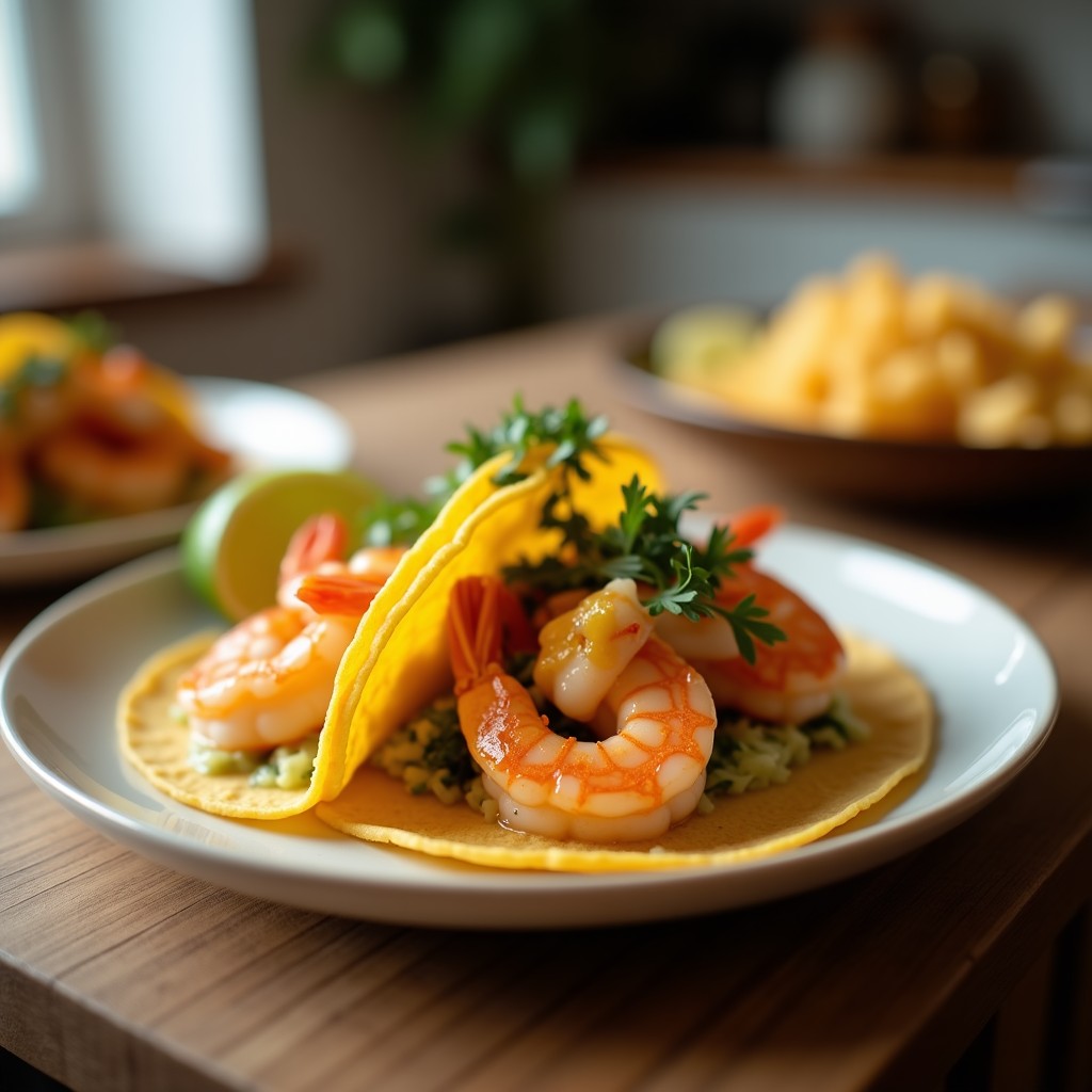 Plato de tacos de langostinos al ají amarillo y leche de coco en tortillas de maíz, decorados con cebolla morada, pimiento rojo asado y cilantro fresco. Receta peruana en airfryer con salsa cremosa y colorida.