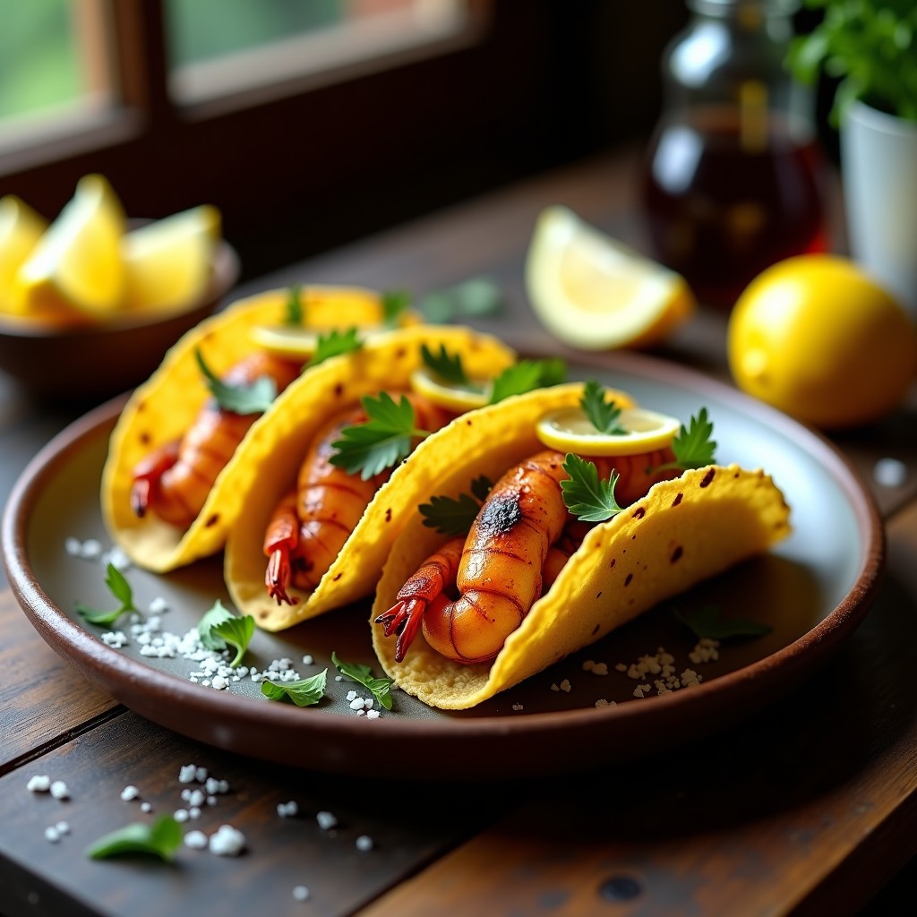 Tacos de maíz dorados rellenos de langostinos crujientes al ajo negro, con perejil fresco y rodajas de limón, servidos en plato rústico de barro. Receta española en airfryer con crujiente perfecto.