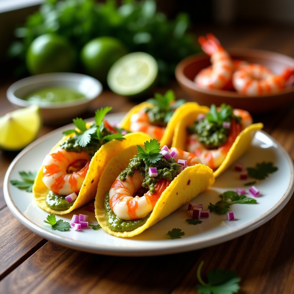 Plato de tacos de langostinos al chimichurri y puré de yuca en airfryer: tortillas de maíz doradas con puré cremoso de yuca, langostinos rosados y chimichurri verde brillante, decorados con cebolla morada picada.
