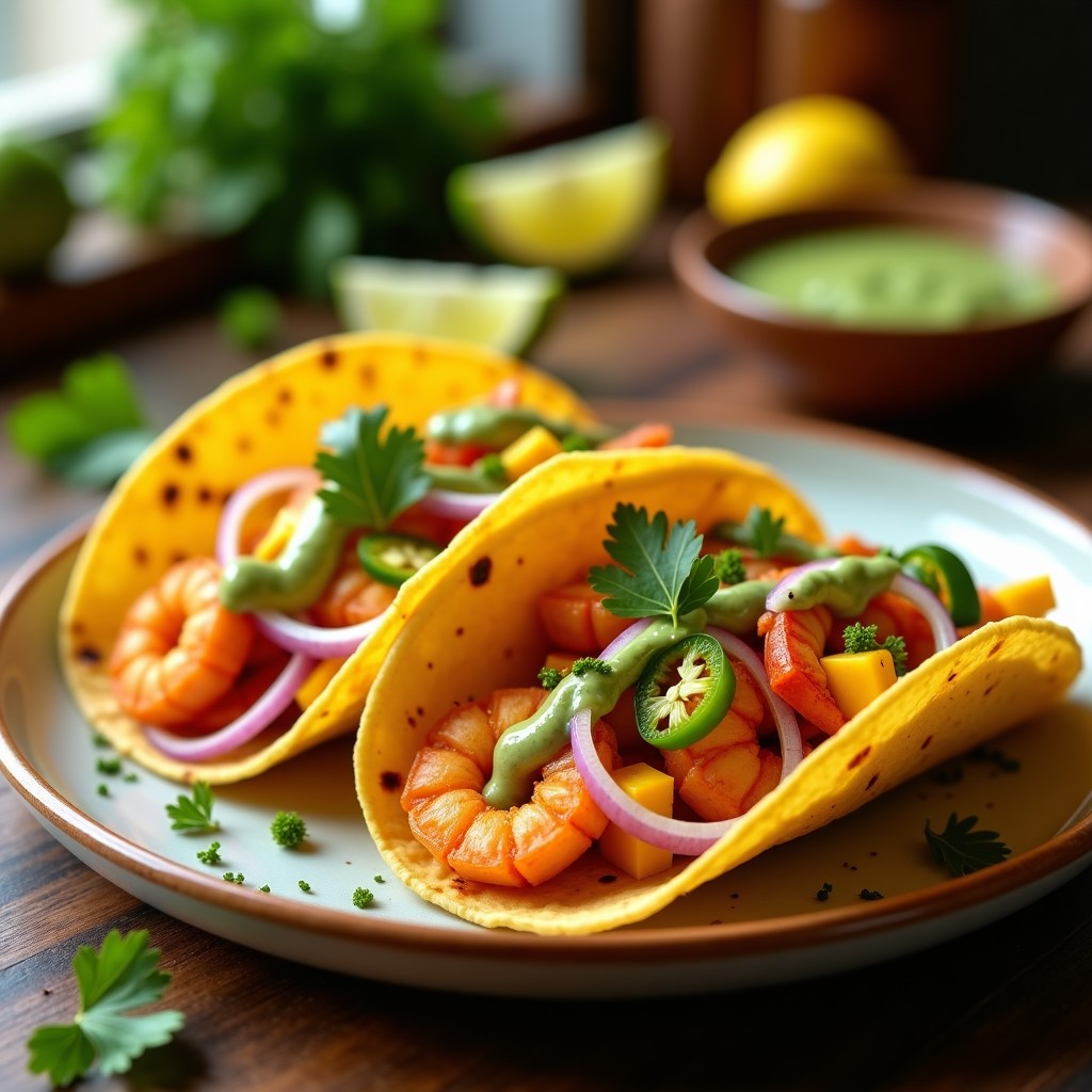 Tacos de langostinos dorados y mango fresco en tortillas de maíz, acompañados de salsa verde de cilantro y lima, con trozos de cebolla morada y jalapeño. Plato colorido y apetitoso con toque mexicano.