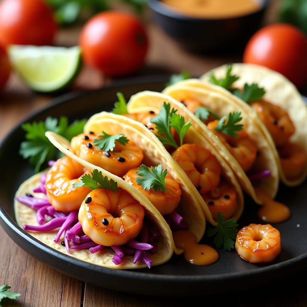 Tacos abiertos de langostinos al miso con salsa cremosa de lichi, repollo morado y semillas de sésamo negro, servidos en un plato de cerámica oscura con fondo de madera rústica. Receta fusion japonesa-mexicana en airfryer.
