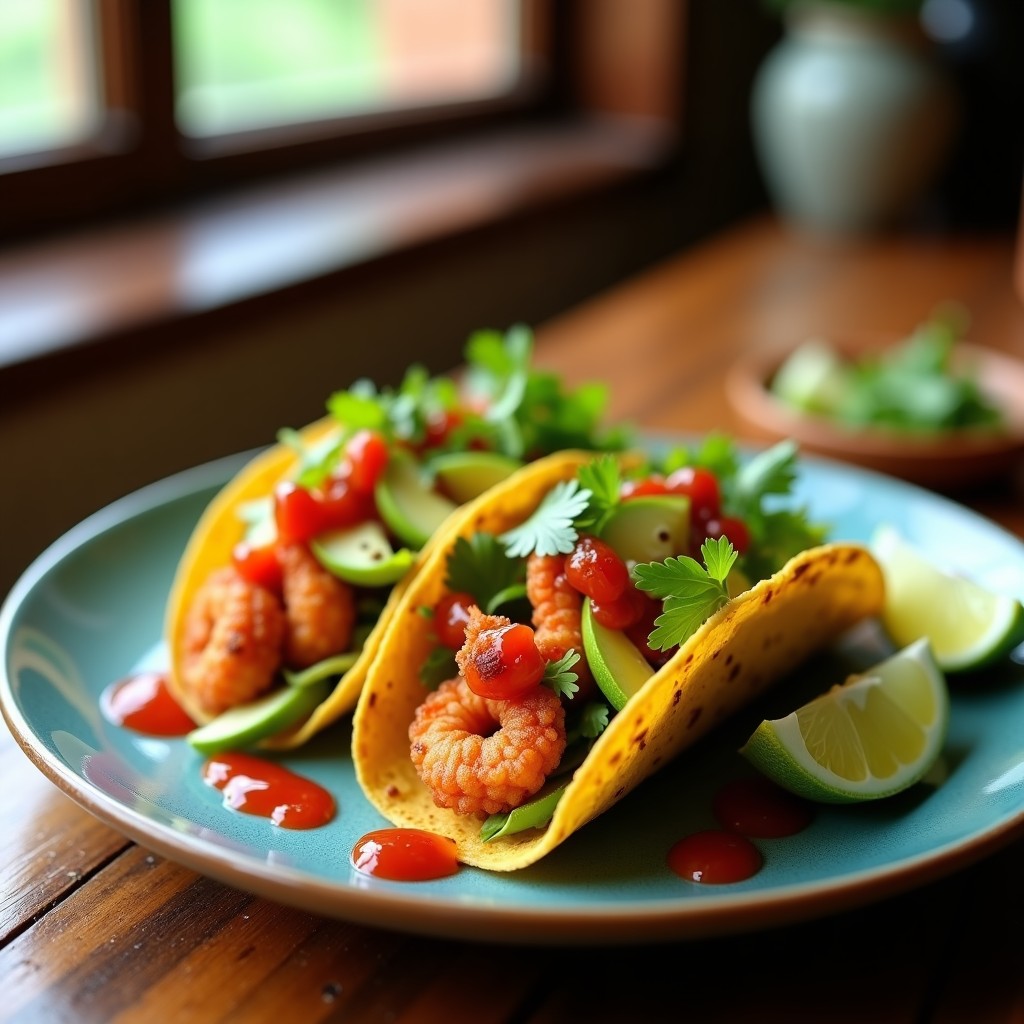 Tacos de langostinos al mojo de jitomate en airfryer: tortillas de maíz azules rellenas de langostinos dorados, lechuga romana, aguacate y bañados en salsa roja de jitomate, servidos en un plato rústico con limones y cilantro fresco.
