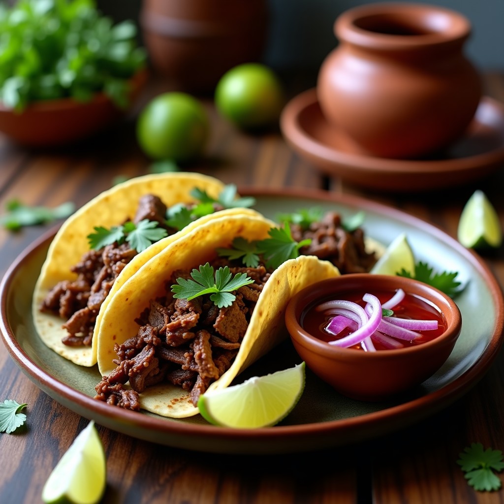 Plato de tacos de lengua de buey desmenuzada marinada en adobo oscuro de chiles chilhuacle, servidos en tortillas de maíz azul con cebolla morada picada, cilantro fresco y gajos de limón. Fondo rústico con texturas de madera y cerámica tradicional mexicana.