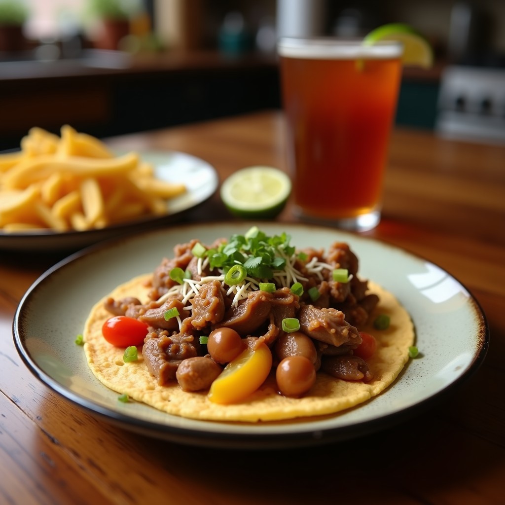 Plato de tacos de lengua estilo Jalisco servidos en tortillas de maíz, con cebolla morada, cilantro fresco, limón y salsa verde, sobre una mesa de madera rústica.