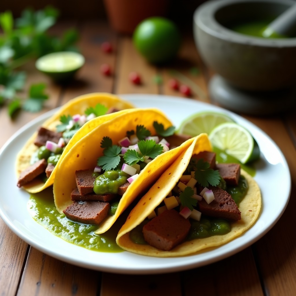 Plato de tacos de lengua estofada en salsa verde, servidos en tortillas de maíz con cebolla morada picada, cilantro fresco y gajos de limón, receta mexicana tradicional.