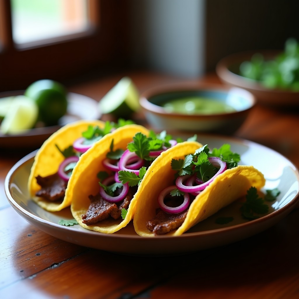 Plato de tacos de lengua de res estilo Jalisco, con tortillas de maíz doradas rellenas de rodajas de lengua jugosa, cebolla morada, cilantro fresco y limón, acompañados de salsa verde.