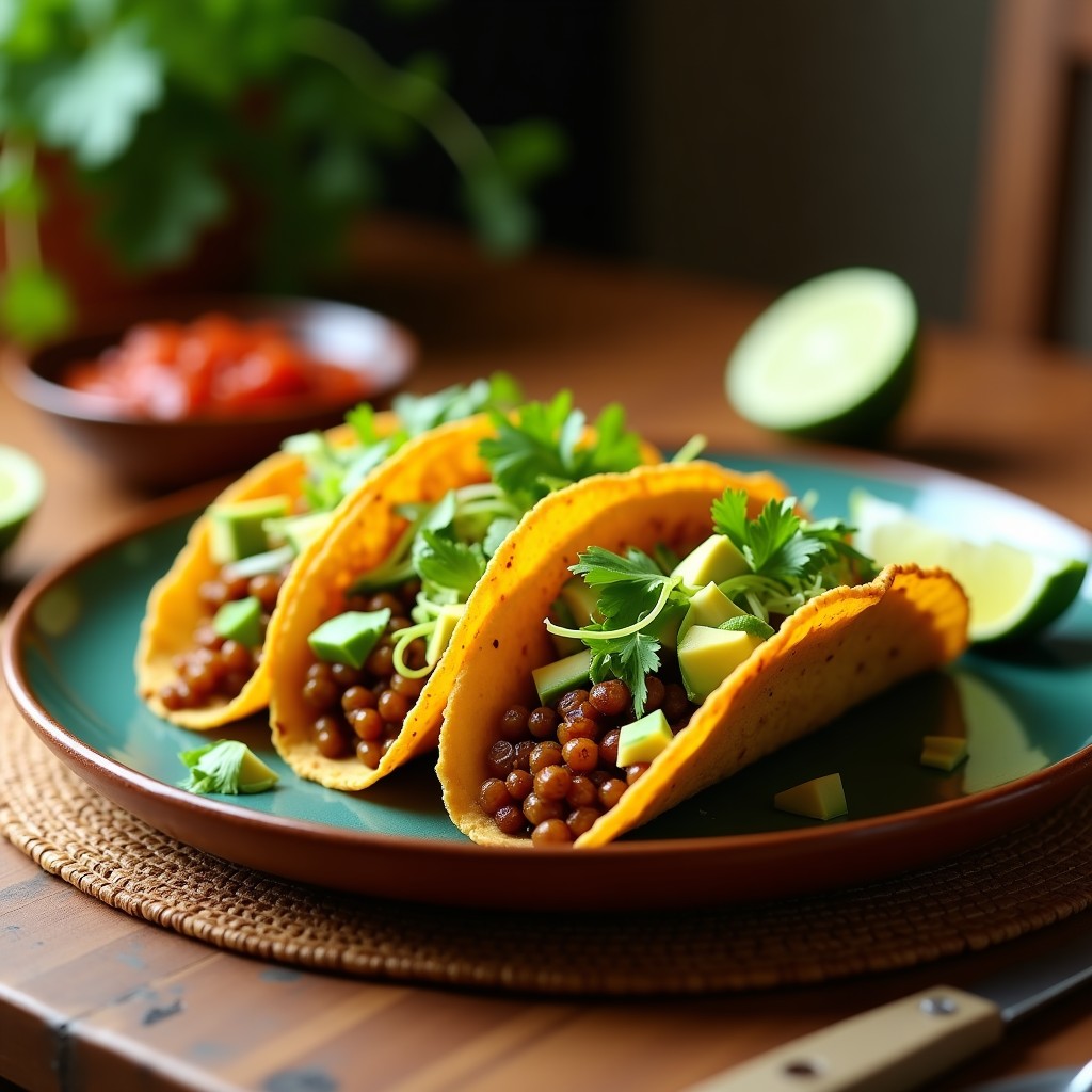 Tacos dorados y crujientes rellenos de lentejas ahumadas, servidos en un plato de barro con aguacate, lechuga y cilantro fresco. Receta vegana en airfryer.