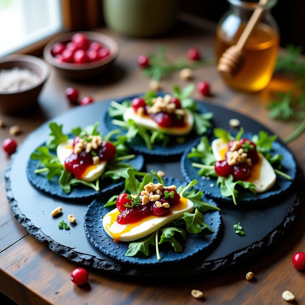 Plato de tacos abiertos de maíz azul con mermelada de lingonberry rojo intenso, queso de cabra desmenuzado blanco, rúcula morada, cebolla morada en juliana y almendras tostadas, bañados en vinagreta dorada de miel. Receta escandinava dulce-salada con toques verdes de eneldo.
