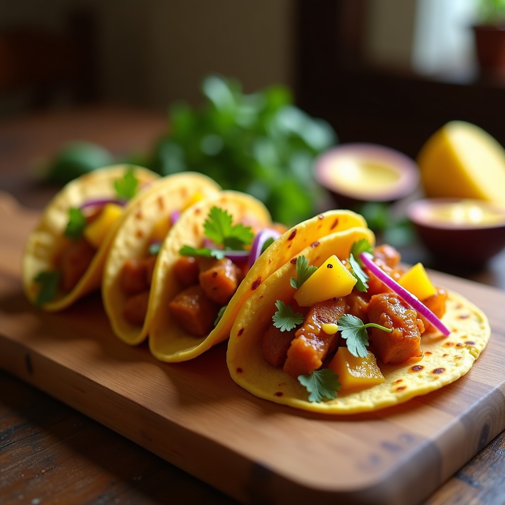 Tacos brasileños en Airfryer con linguiça dorada, piña caramelizada dorada, cebolla morada y salsa de maracuyá amarilla, servidos en tortillas de maíz azul con cilantro fresco.