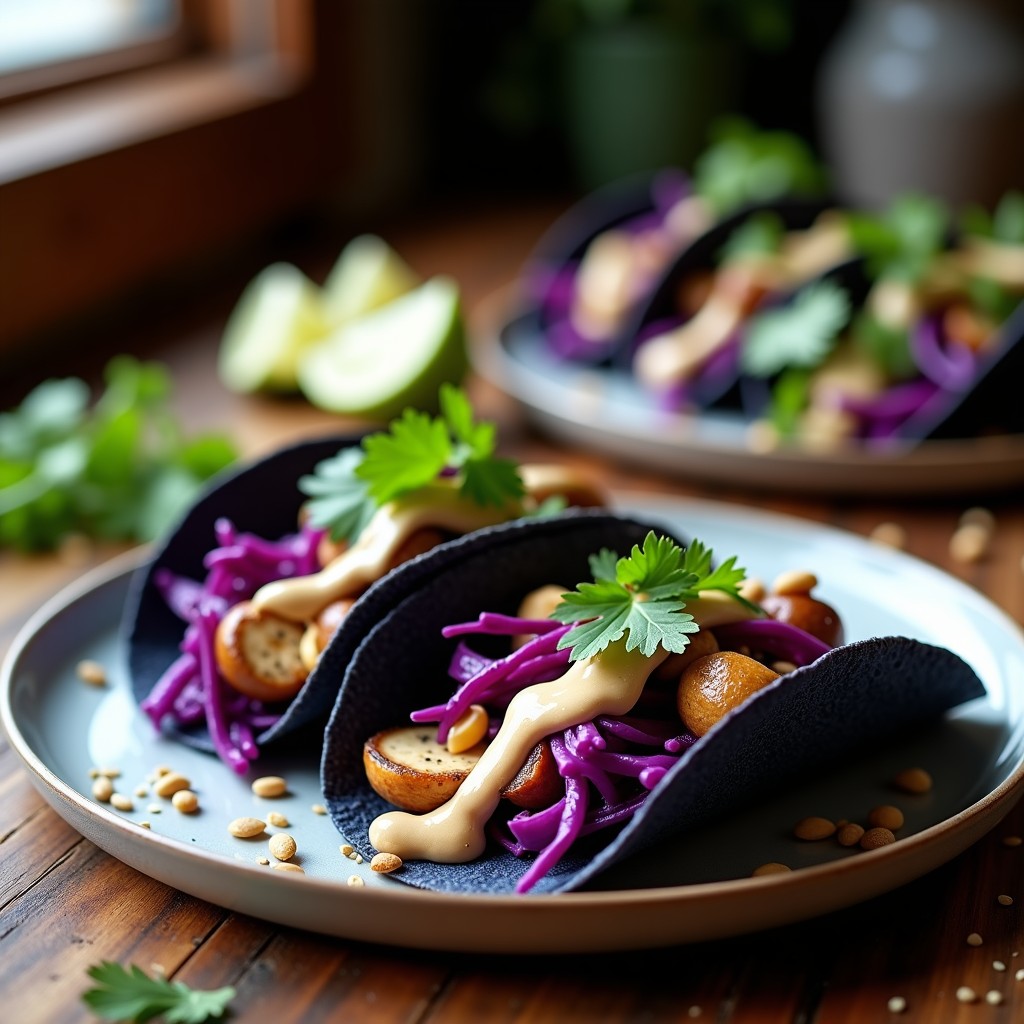 Tacos veganos de hongos Maitake dorados y col morada en juliana sobre tortillas de maíz azul, coronados con crema de anacardos sedosa, cilantro fresco y semillas de sésamo tostadas. Plato colorido y saludable con tonos morados, marrones y verdes.