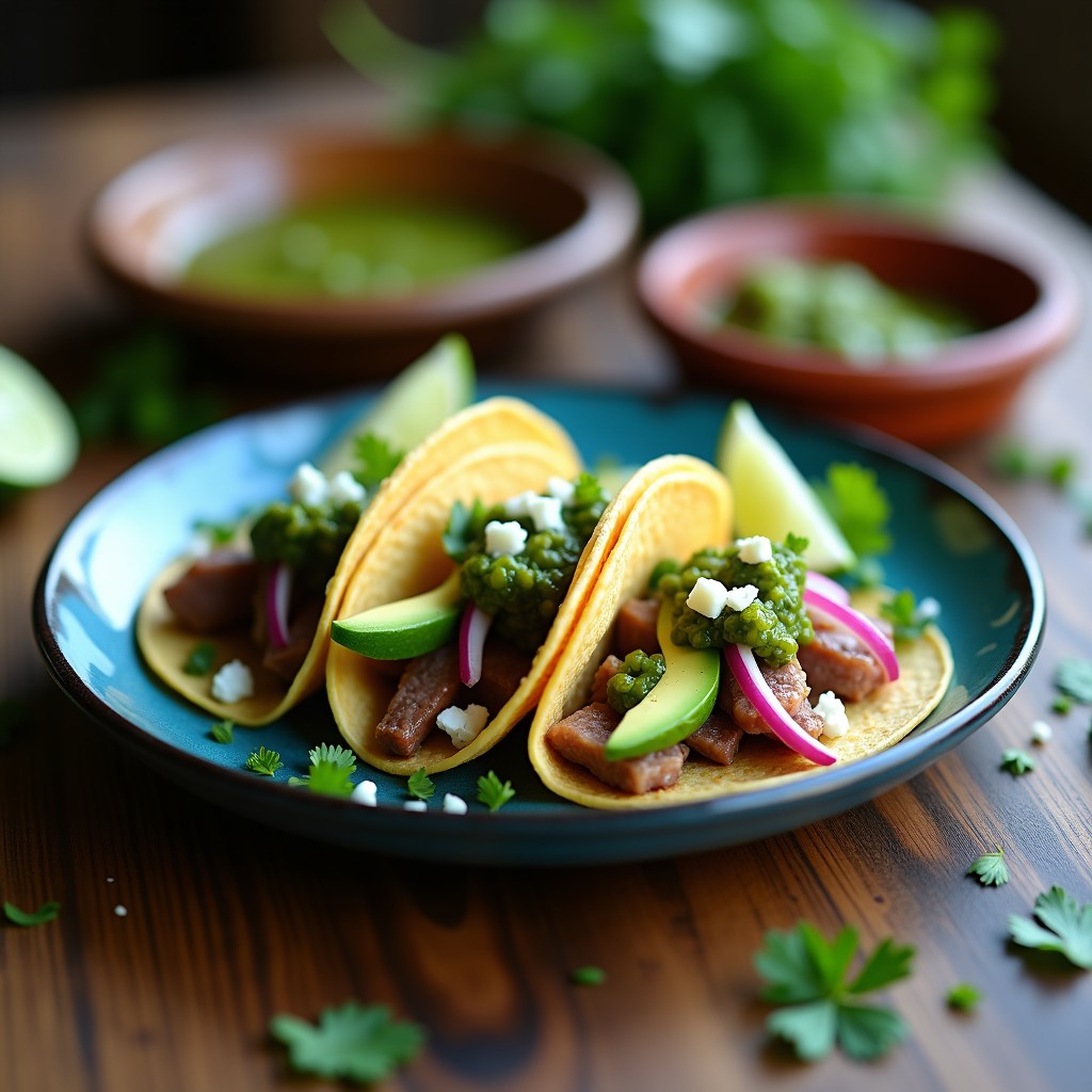 Plato de tacos de maíz azul abiertos, rellenos de atún ahumado desmenuzado, salsa verde vibrante, cebolla morada en juliana, aguacate en cubos y queso fresco desmenuzado, sobre un fondo rústico de madera con limones verdes y cilantro fresco.