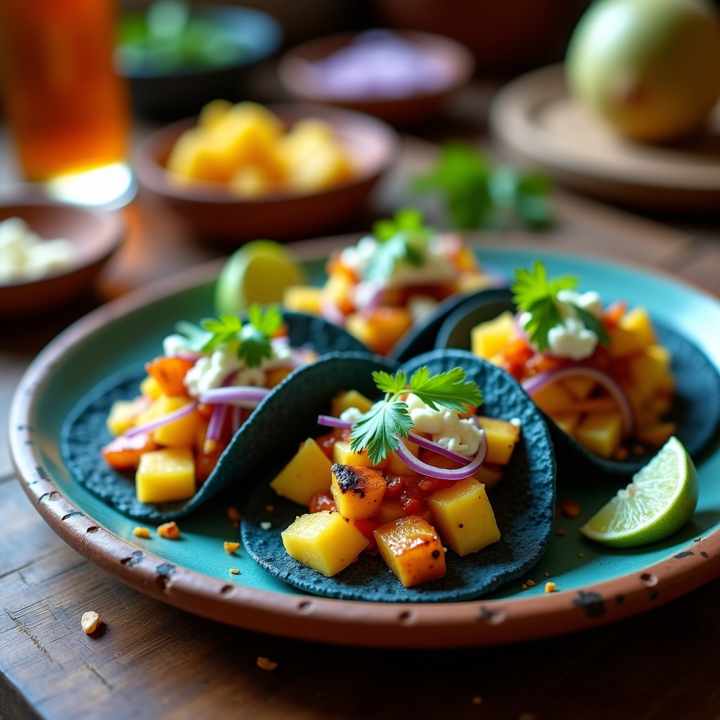 Tacos de maíz azul rellenos de piña ahumada con mezcal, cebolla morada, chile serrano y queso panela, decorados con cilantro fresco sobre un plato de barro rústico.