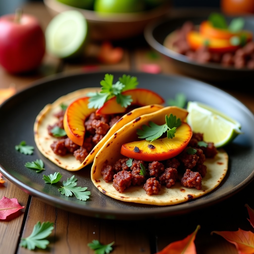 Tacos de morcilla vegana desmenuzada con gajos de manzana asada caramelizada, servidos en tortillas de maíz doradas y decorados con cilantro fresco, sobre un plato rústico de barro con fondo de hojas otoñales.