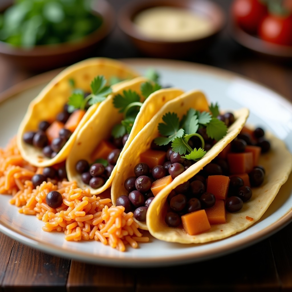 Tacos veganos de moros y cristianos con arroz integral y frijoles negros sobre hojas de lechuga morada, decorados con cilantro fresco y aderezo de lima, receta cubana sin horno.