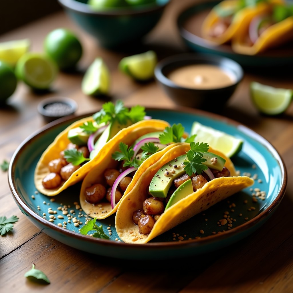 Tacos de nopal asado con aderezo de chia y lima veganos en airfryer, servidos en tortillas de maíz azules con cebolla morada, cilantro fresco y un chorrito de aderezo cremoso, sobre un plato de barro rústico.