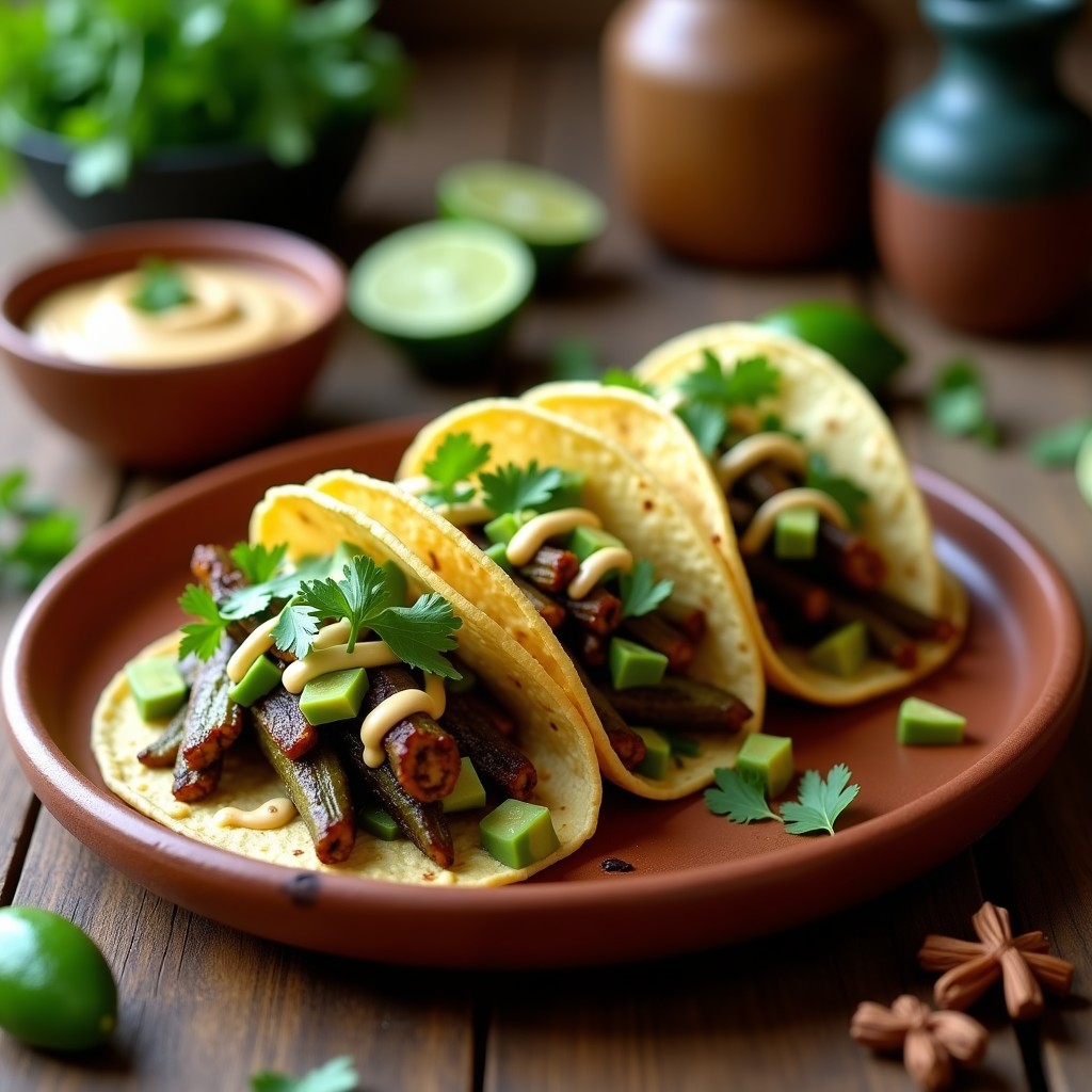 Plato de tacos de nopal asado con chipotle y crema de anacardo, estilo oaxaqueño vegano, sobre tortillas de maíz azul, decorados con aguacate, cilantro y salsa roja ahumada.